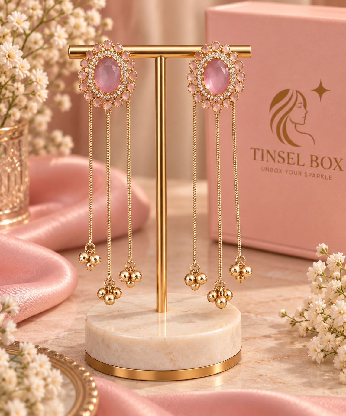 Rosé Glow Long Earrings in Gold Finish
