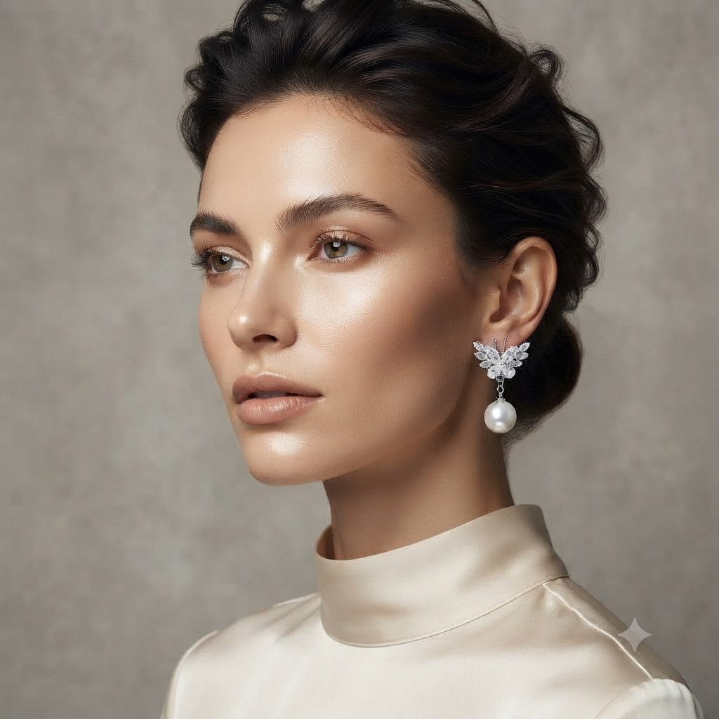 butterfly pearl drop earrings (silver)