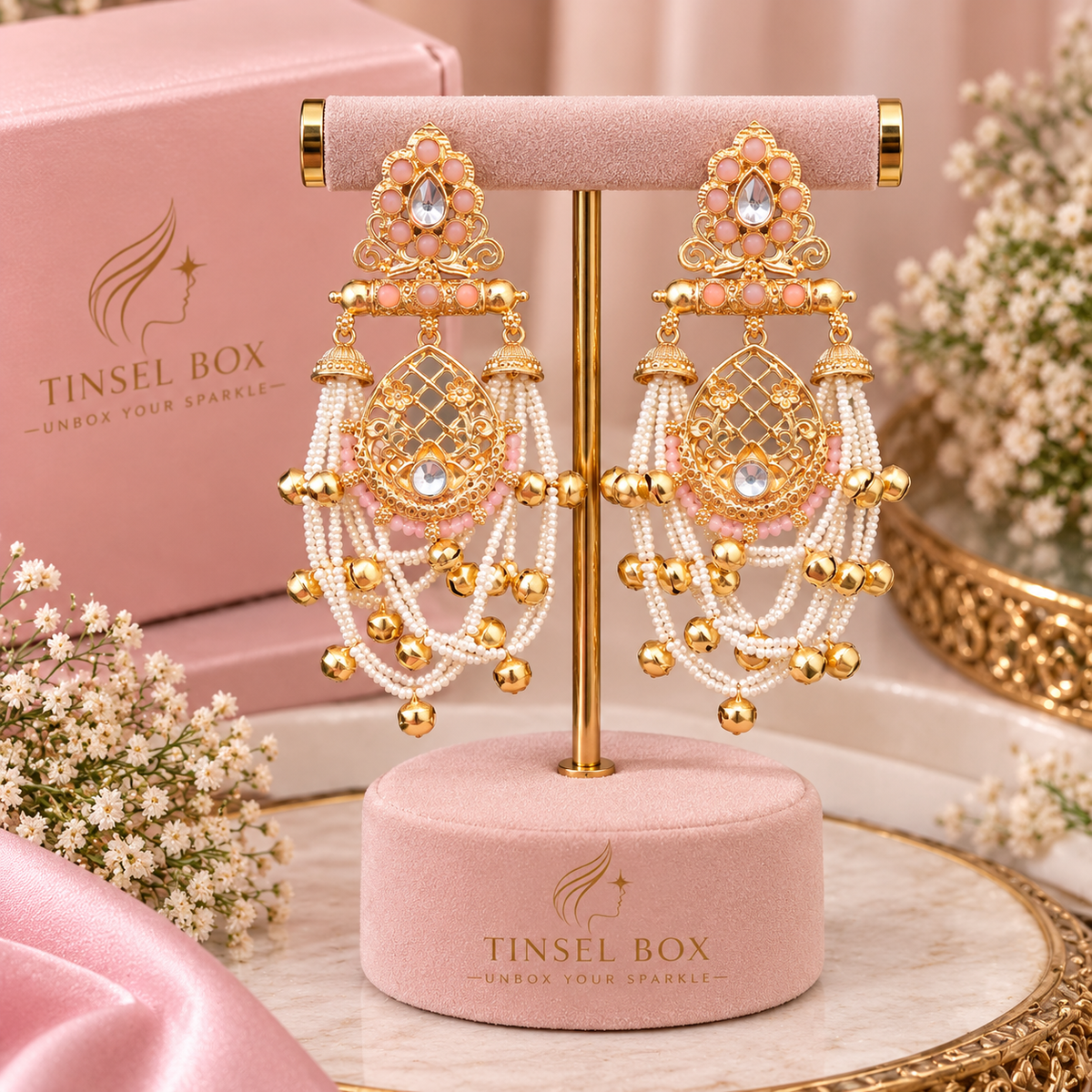 Pink Kundan Long Earrings with Pearl Layers