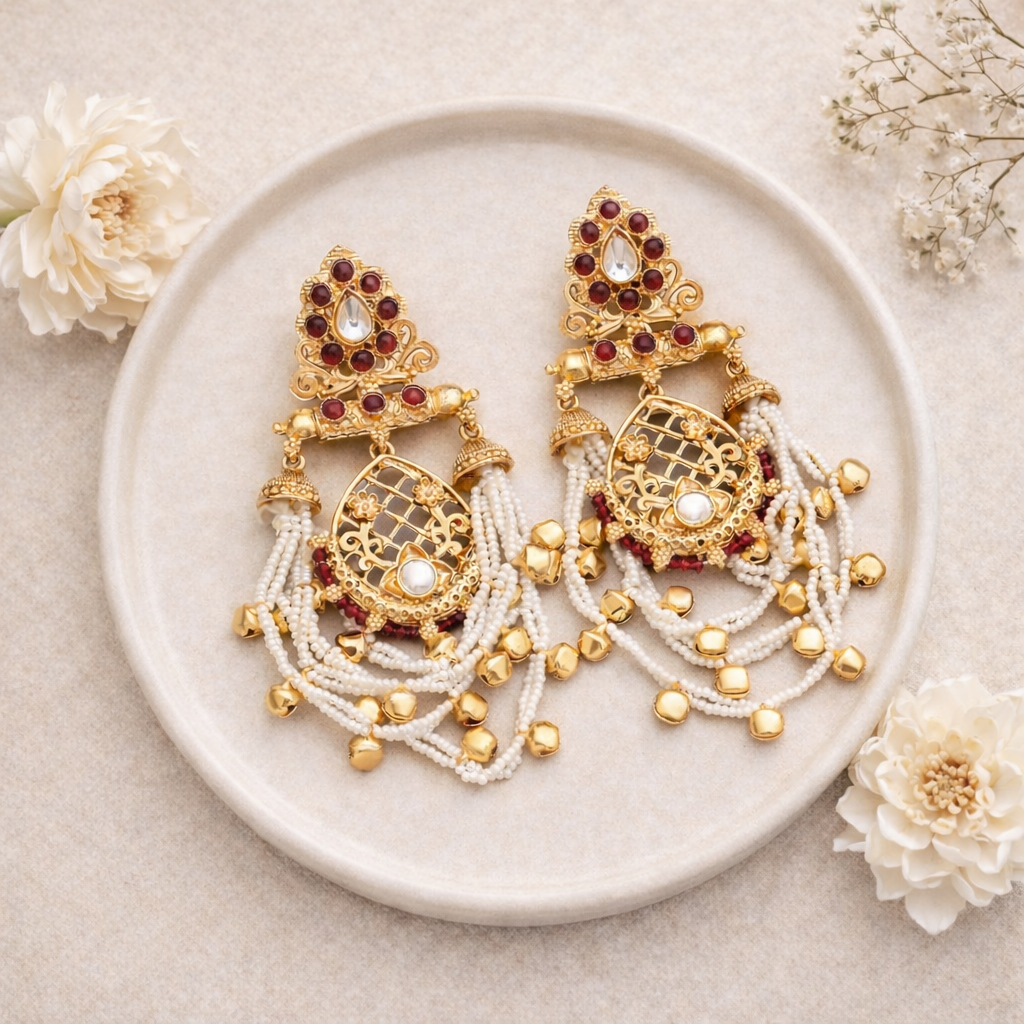 Maroon Kundan Long Earrings with Pearl Chains