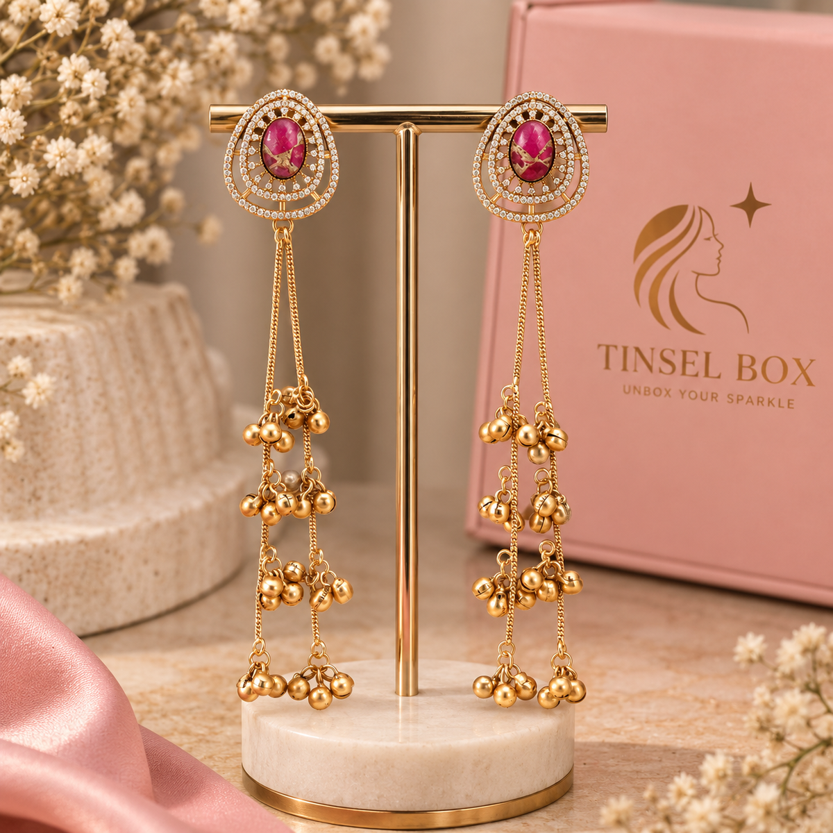 Pink Kundan Long Earrings with Gold Drops