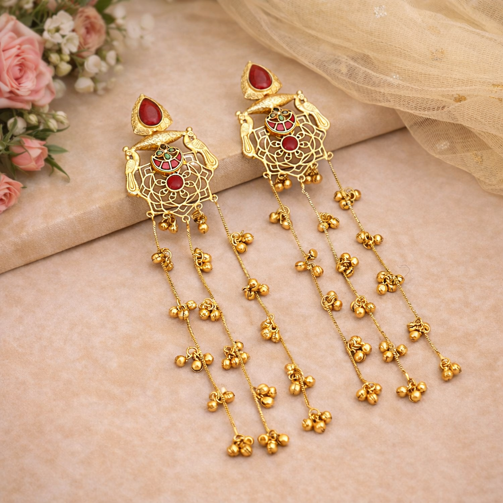 Traditional Temple Style Long Earrings with Ghungroo Drops