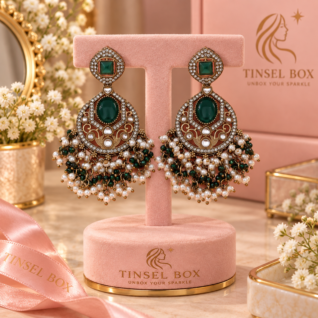Meher Emerald Kundan Earrings with Pearl Fringe