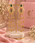 Heavy Long Ethnic Earrings in Green & Gold