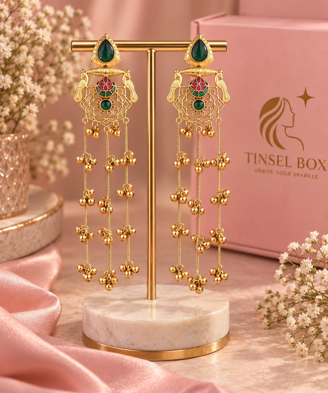 Heavy Long Ethnic Earrings in Green & Gold