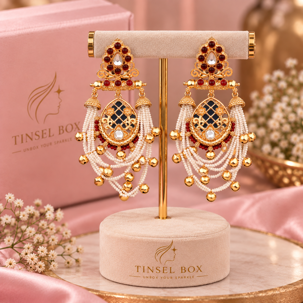 Maroon Kundan Long Earrings with Pearl Chains