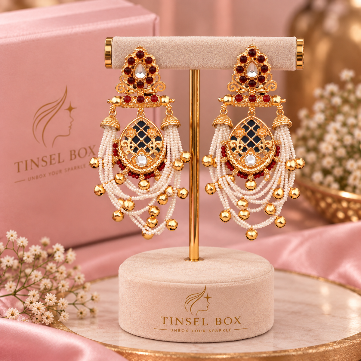 Maroon Kundan Long Earrings with Pearl Chains