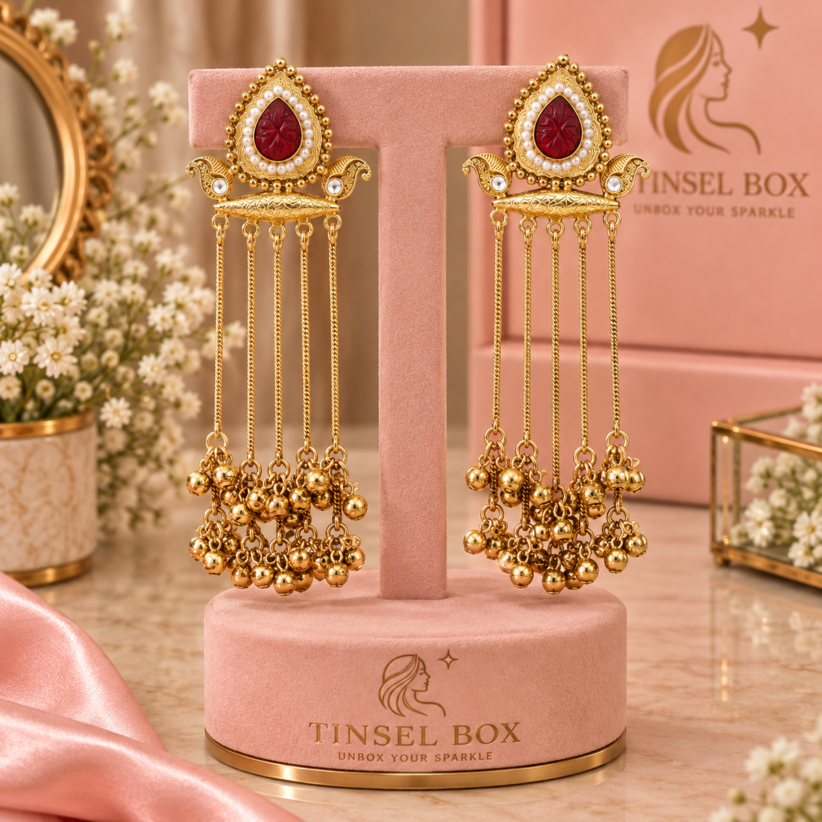 Maroon Kundan Gold Dangler Earrings for Women
