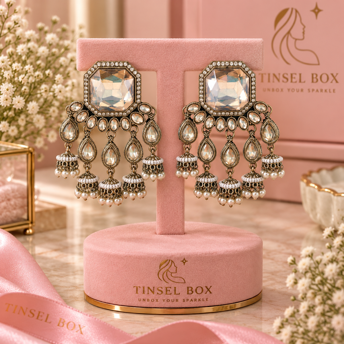Clear Stone Kundan Statement Earrings with Pearls