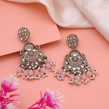 Pretty Pink Color Kundan Earrings With Antique Design Perfect For Party Looks