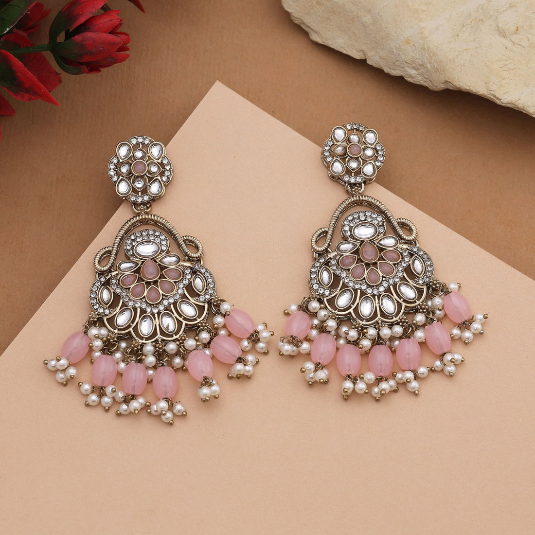 Pretty Pink Color Kundan Earrings With Antique Design Perfect For Party Looks