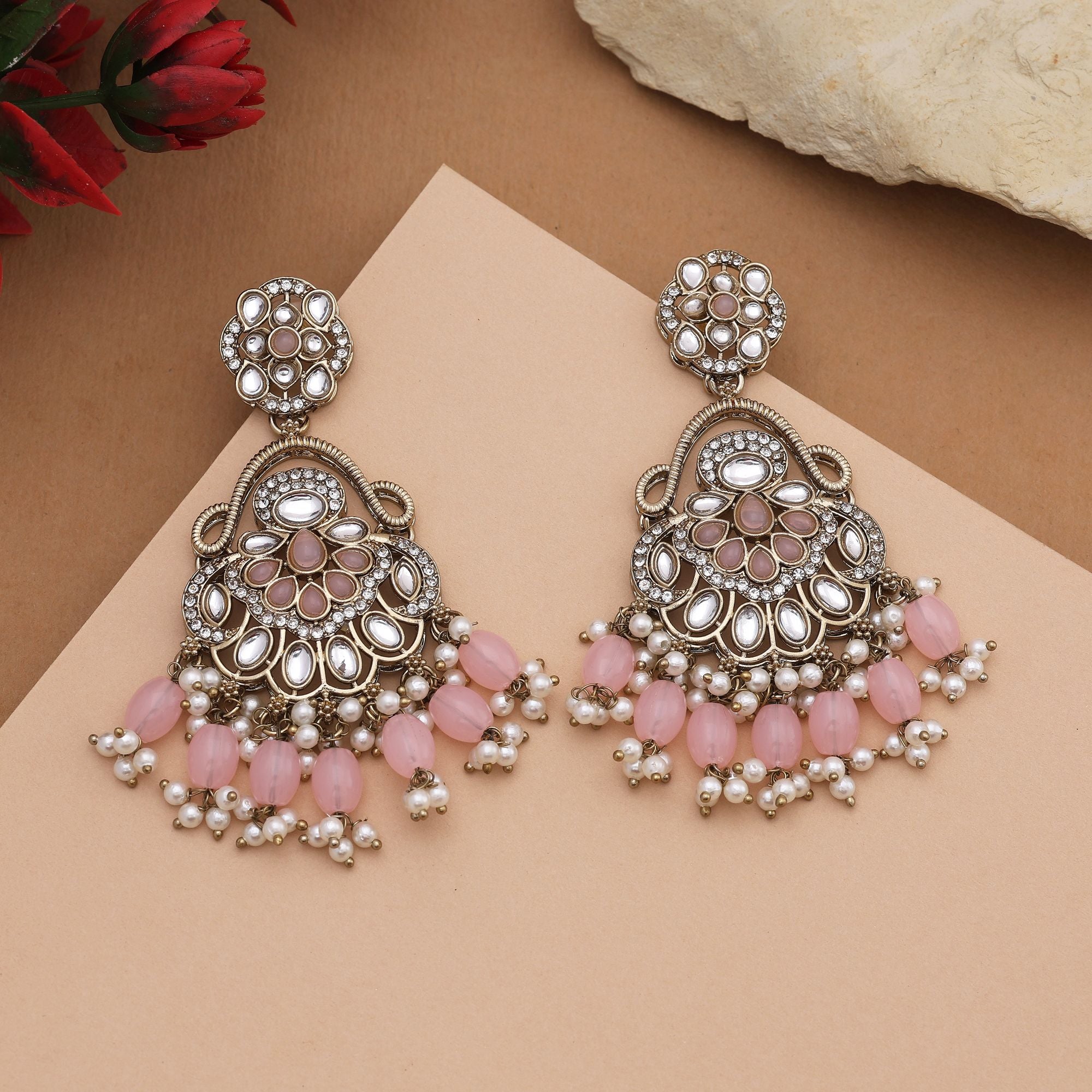 Pretty Pink Color Kundan Earrings With Antique Design Perfect For Party Looks