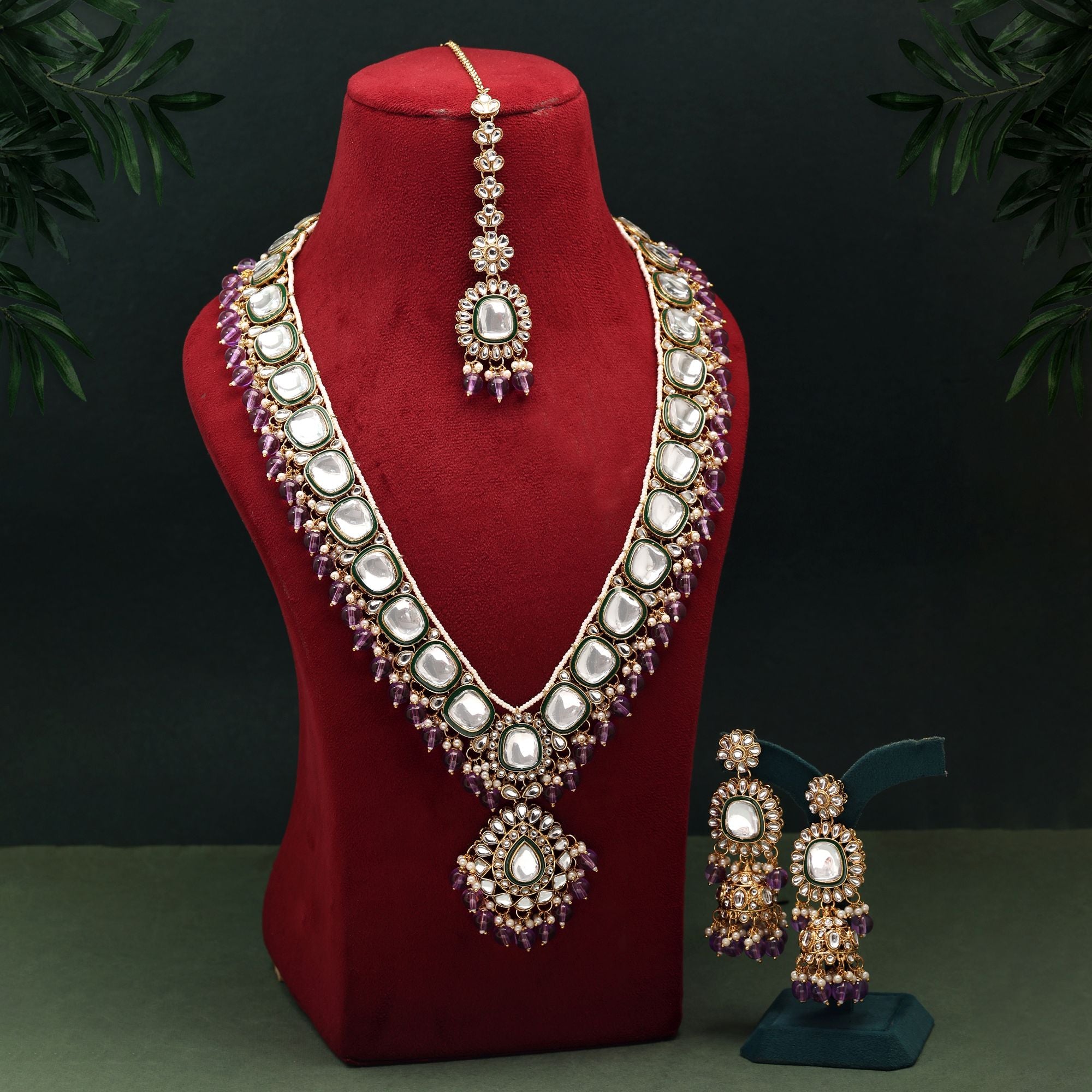 Royal Purple Color Kundan Necklace Set Designed For Engagements, Weddings, And Ethnic Outfits