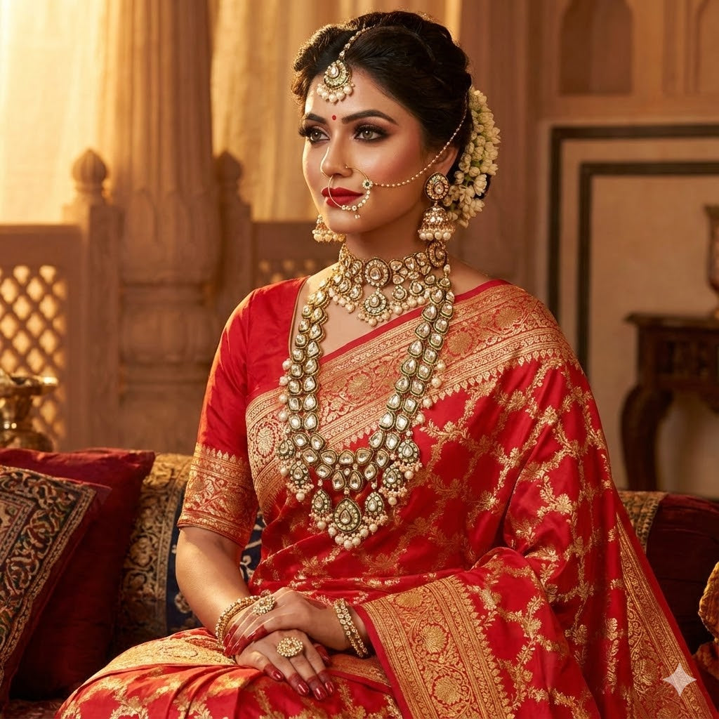 Antique Gold Finish Emerald Kundan Bridal Necklace