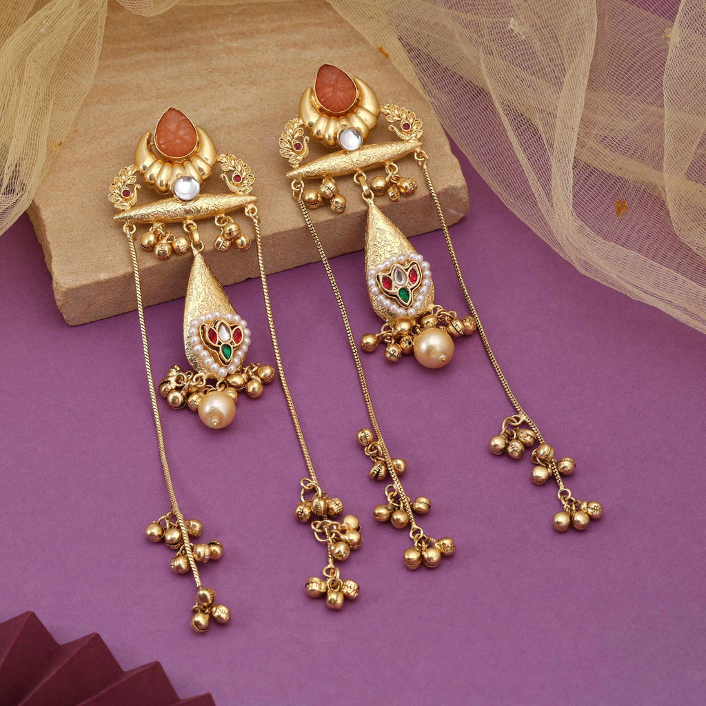 Antique Gold Peach Stone Long Earrings