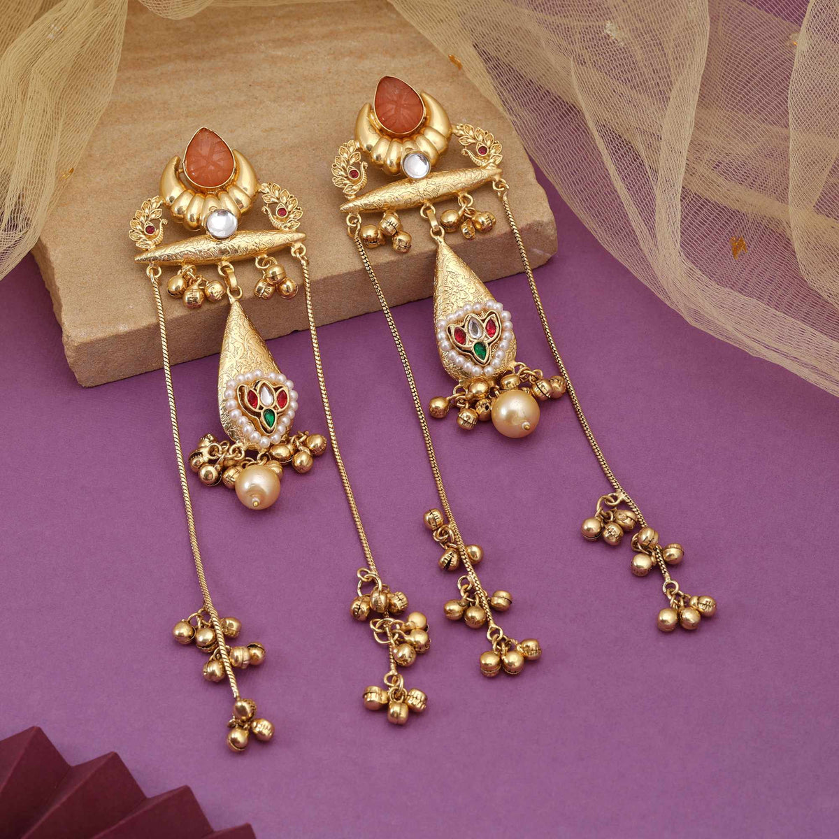 Antique Gold Peach Stone Long Earrings
