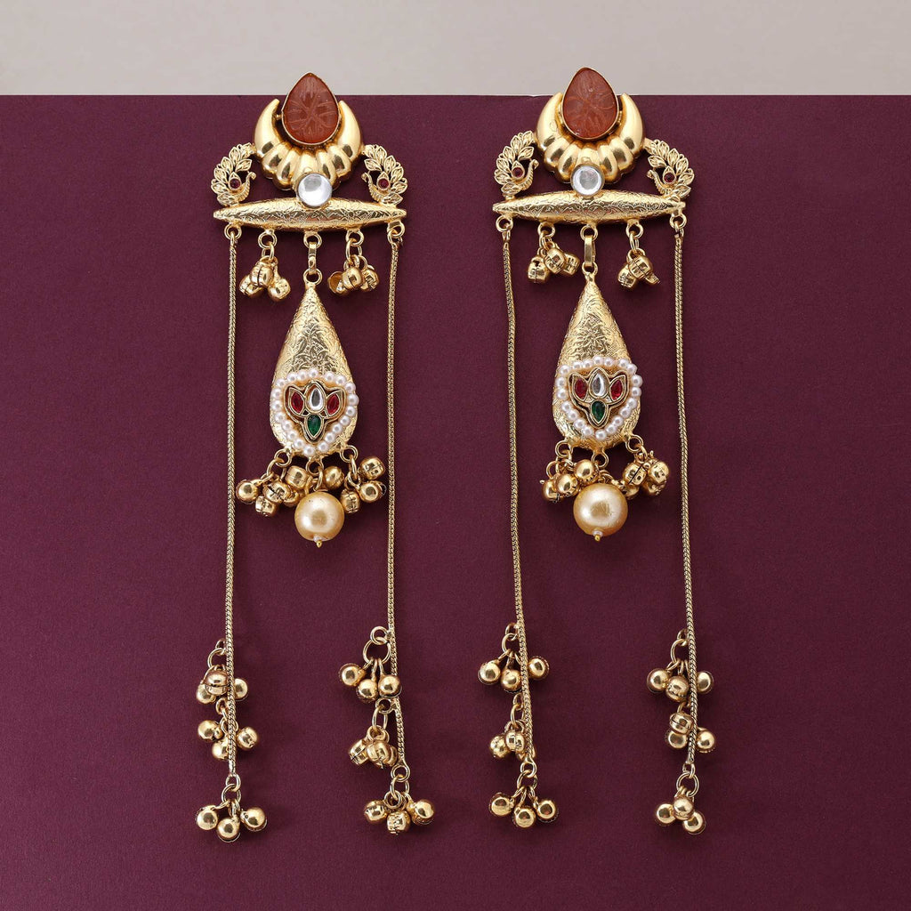 Antique Gold Peach Stone Long Earrings