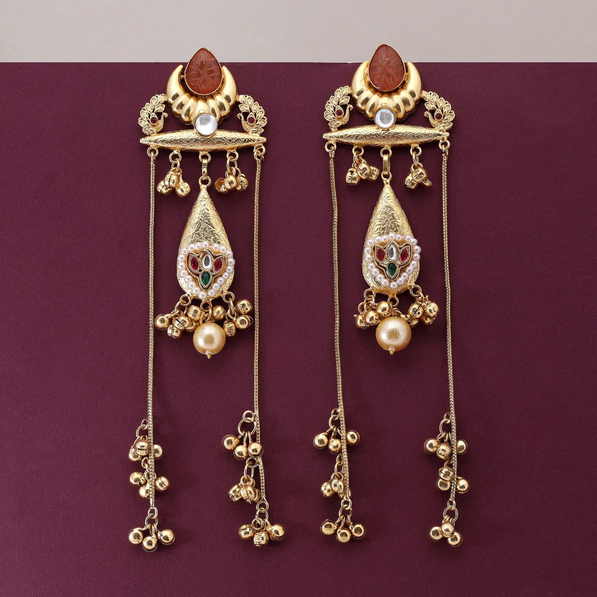 Orange Color Traditional Bridal Look Long Kashmiri Earrings For Festive Celebrations