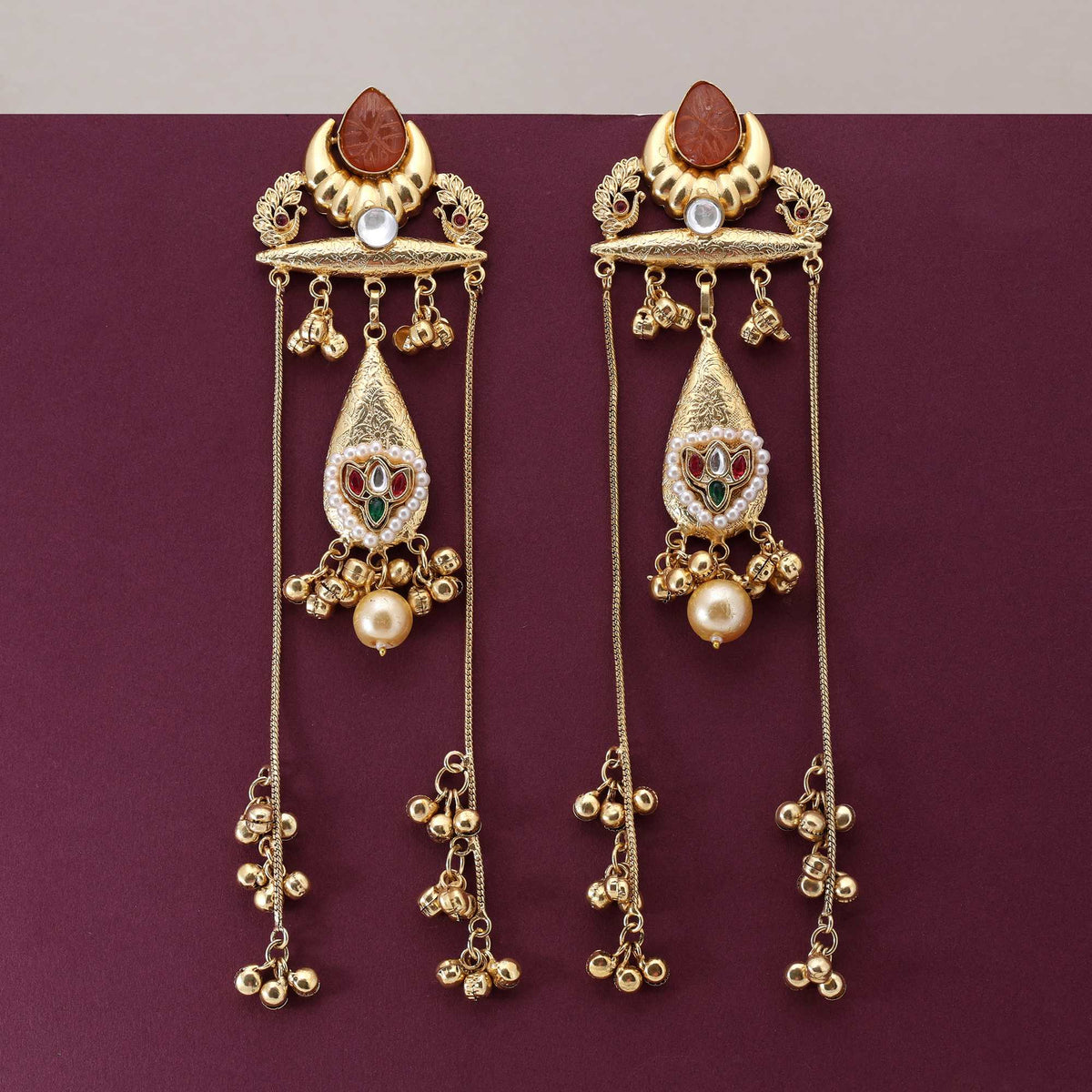 Antique Gold Peach Stone Long Earrings
