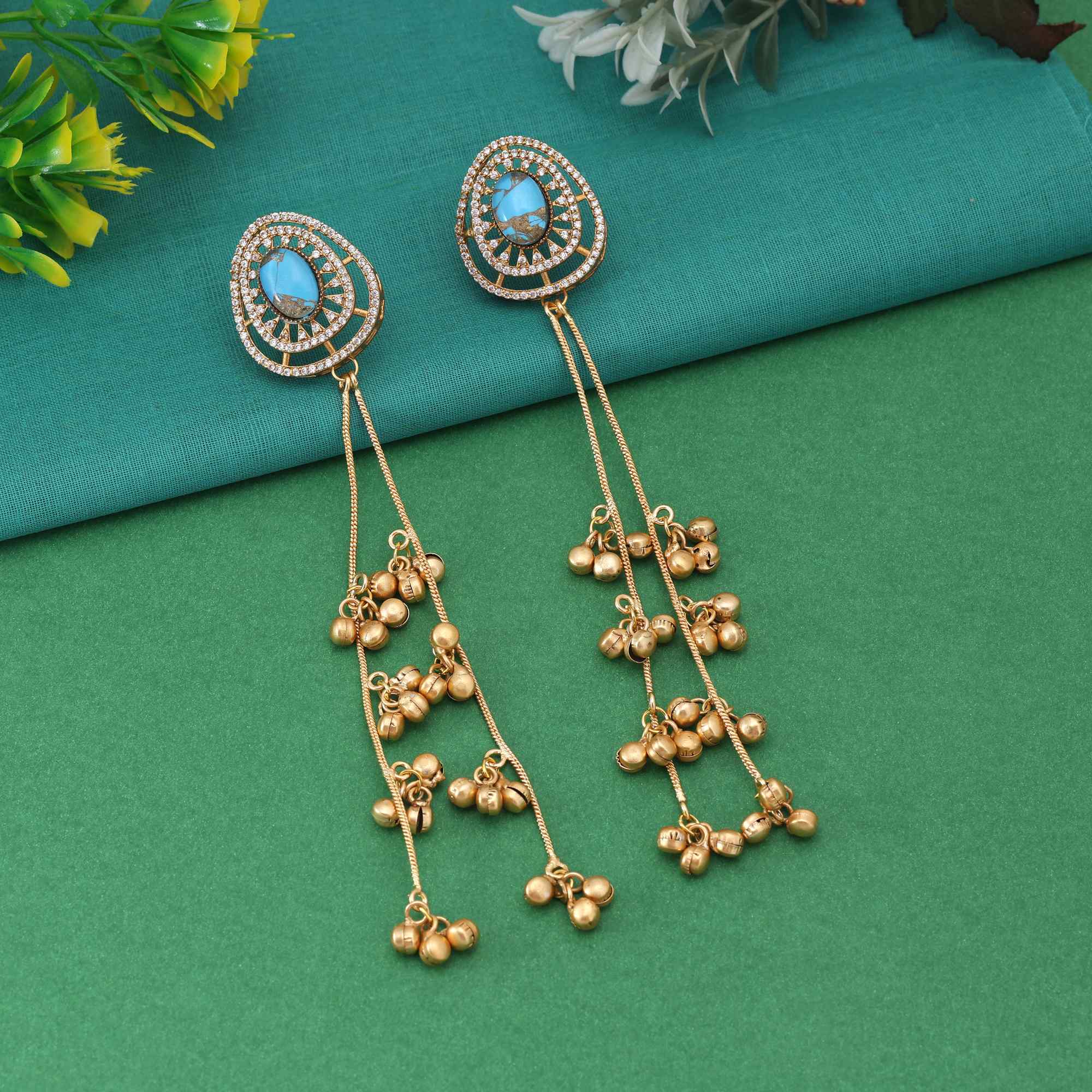 Firozi Color Stunning Handmade Long Kashmiri Earrings For Elegant Ethnic Fashion