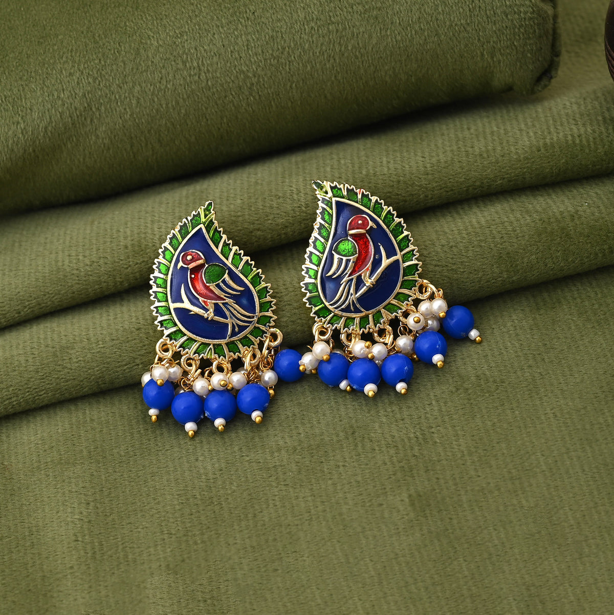 Artisan Blue Bird Earrings with Pearl Hanging