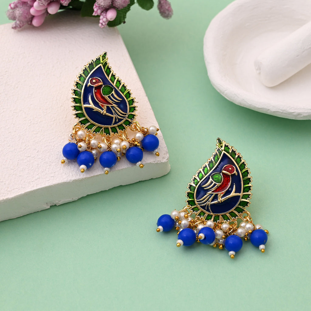 Artisan Blue Bird Earrings with Pearl Hanging