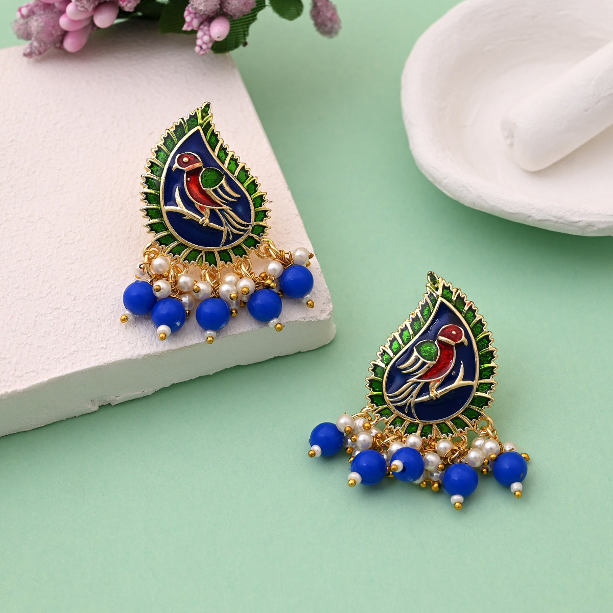 Artisan Blue Bird Earrings with Pearl Hanging