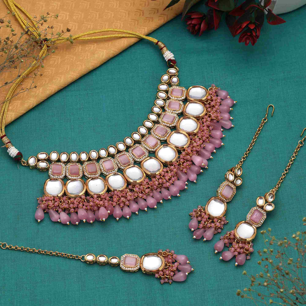 Blush Pink Kundan Choker Set with Beaded Drops  Wedding Wear