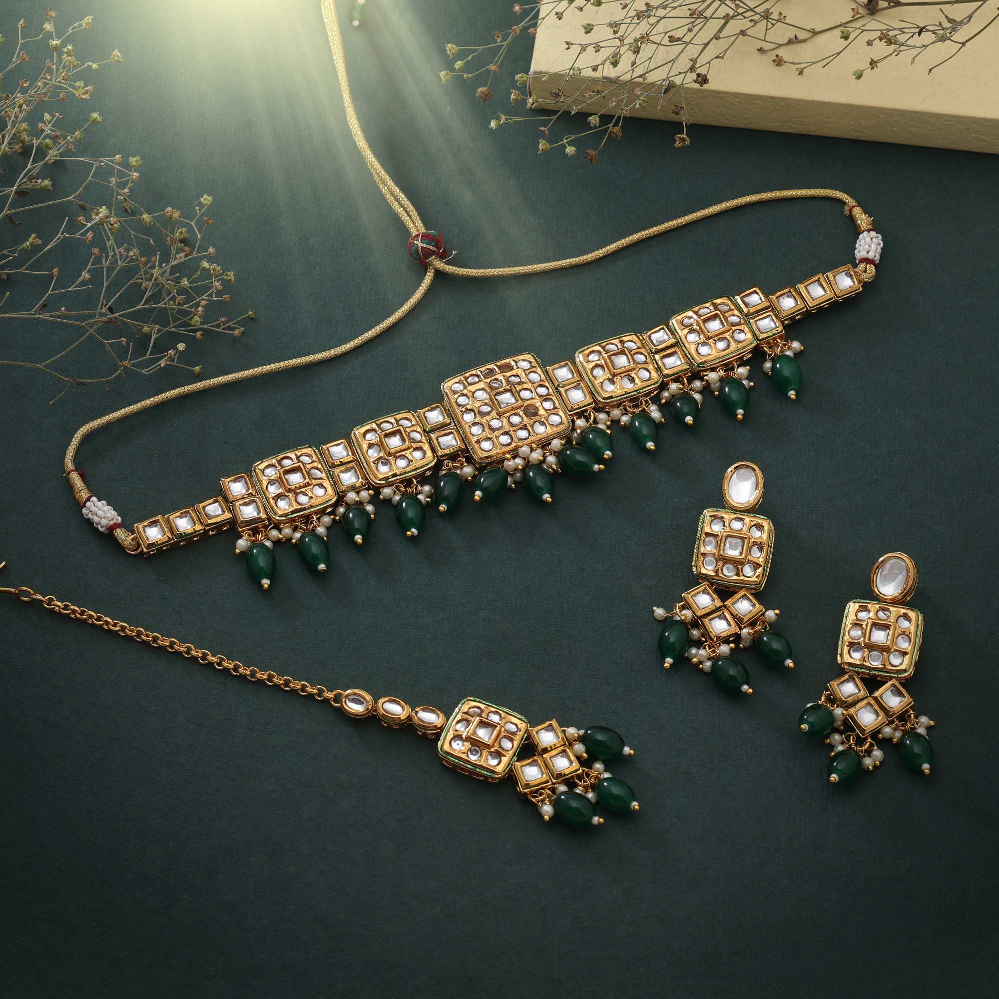 Green Color Choker Designer Bridal Back Side Meena Work Kundan Necklace Set For Grand Celebrations