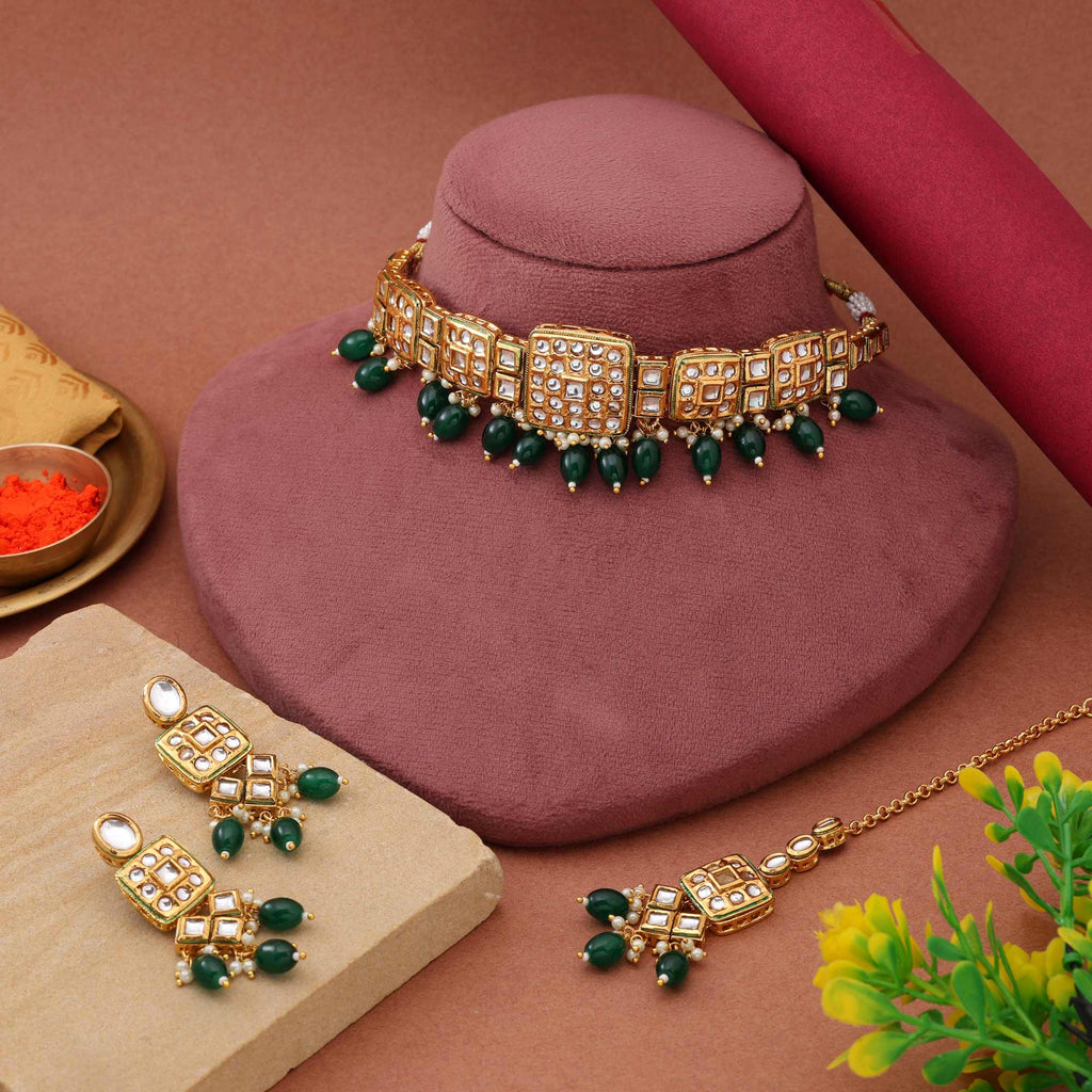 Classic Green Kundan Choker Necklace Set for Weddings & Festivals