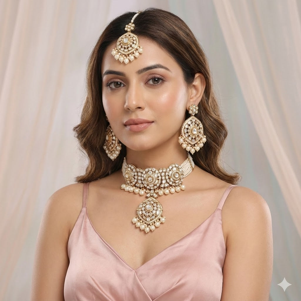 Exclusive White Color Choker Kundan Necklace Set Designed For Brides And Traditional Wedding Outfits