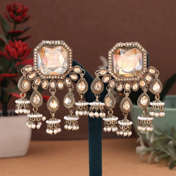 Gold Color Kundan Earrings Designed With Premium Traditional Kundan Polished Work For Women