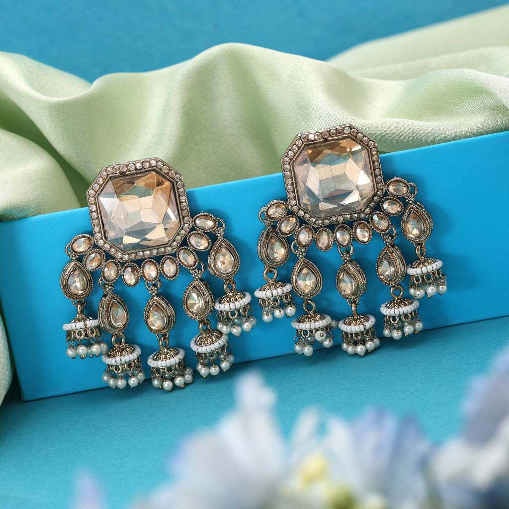 Clear Stone Kundan Statement Earrings with Pearls