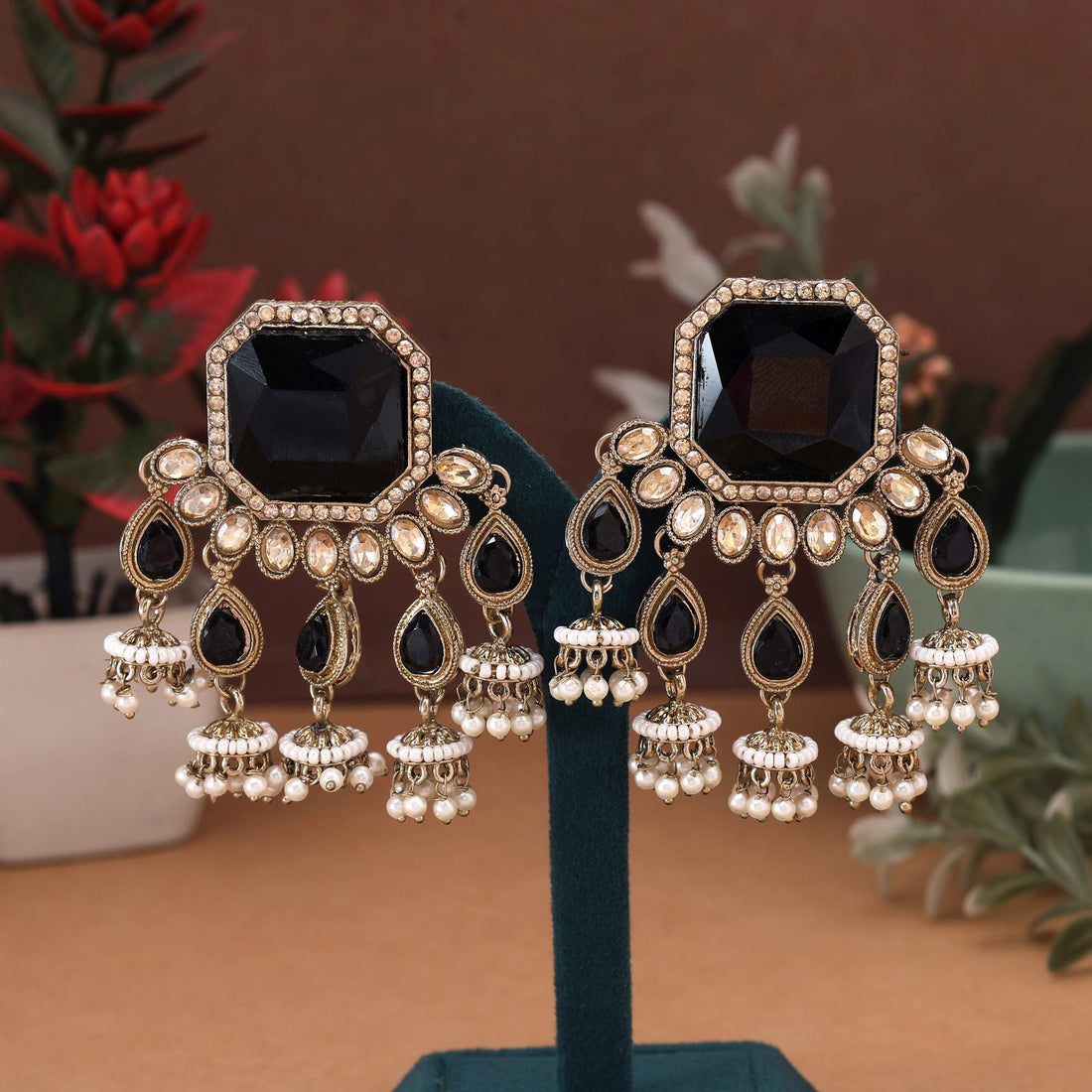 Black Color Kundan Earrings Designed With Bold Elegant Stones For Modern Traditional Fusion