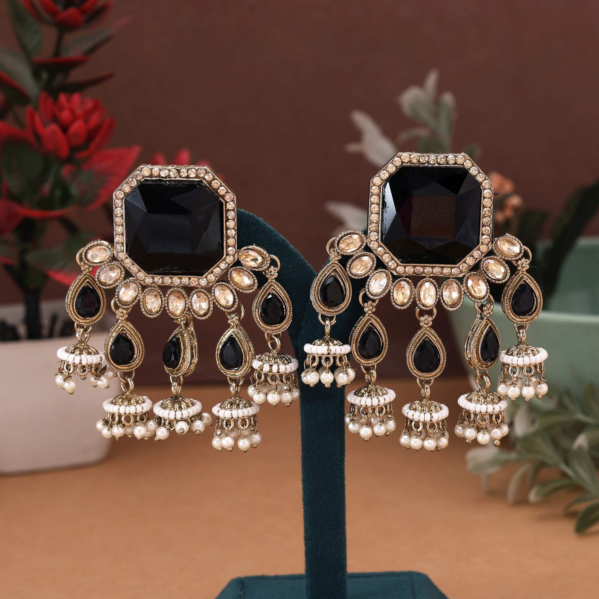 Black Color Kundan Earrings Designed With Bold Elegant Stones For Modern Traditional Fusion