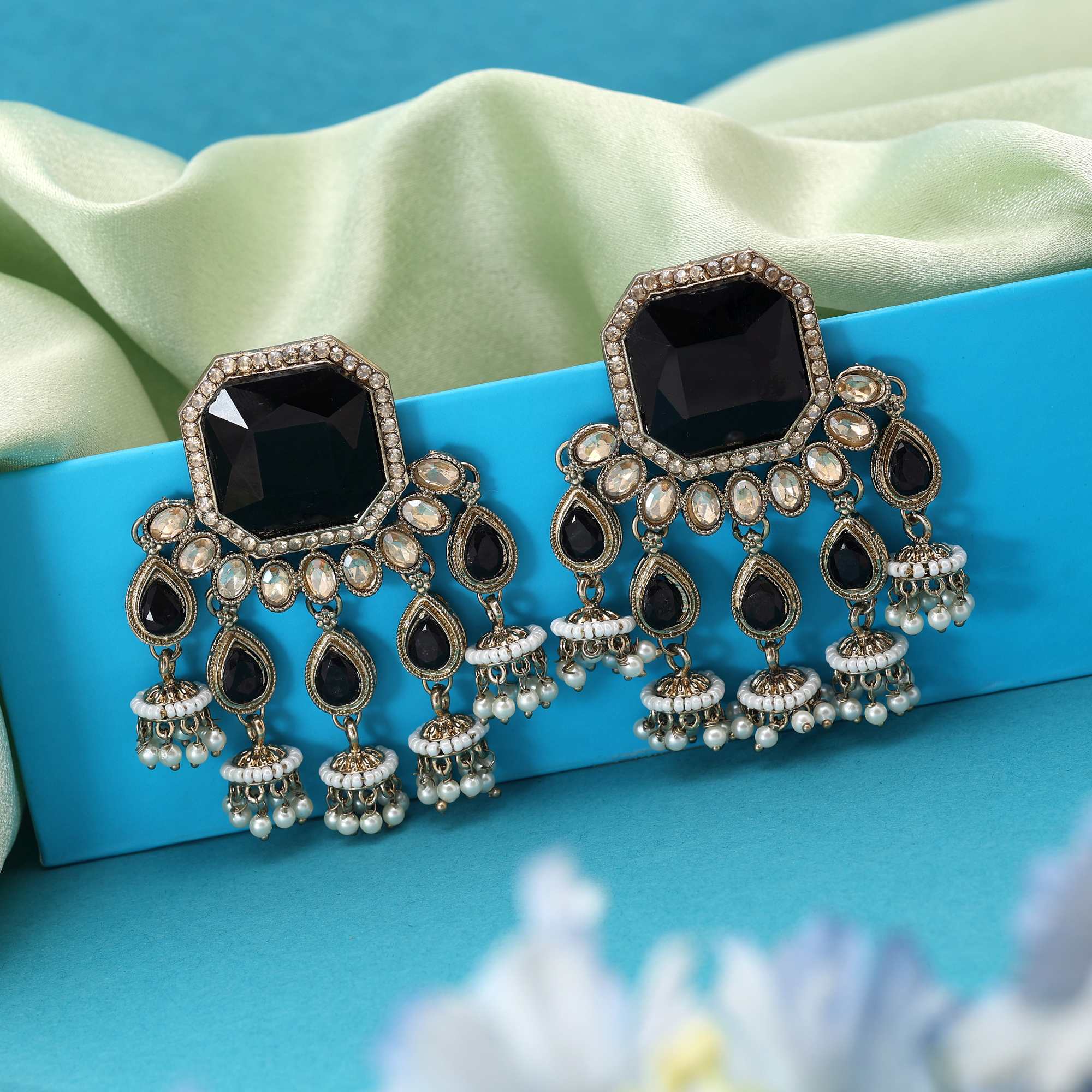 Black Color Kundan Earrings Designed With Bold Elegant Stones For Modern Traditional Fusion