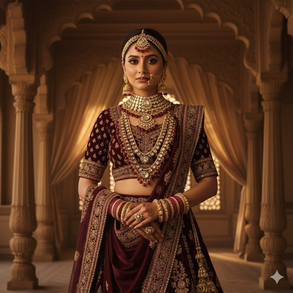 Deep Maroon Color Kundan Necklace Set With Wedding Stone Highlights