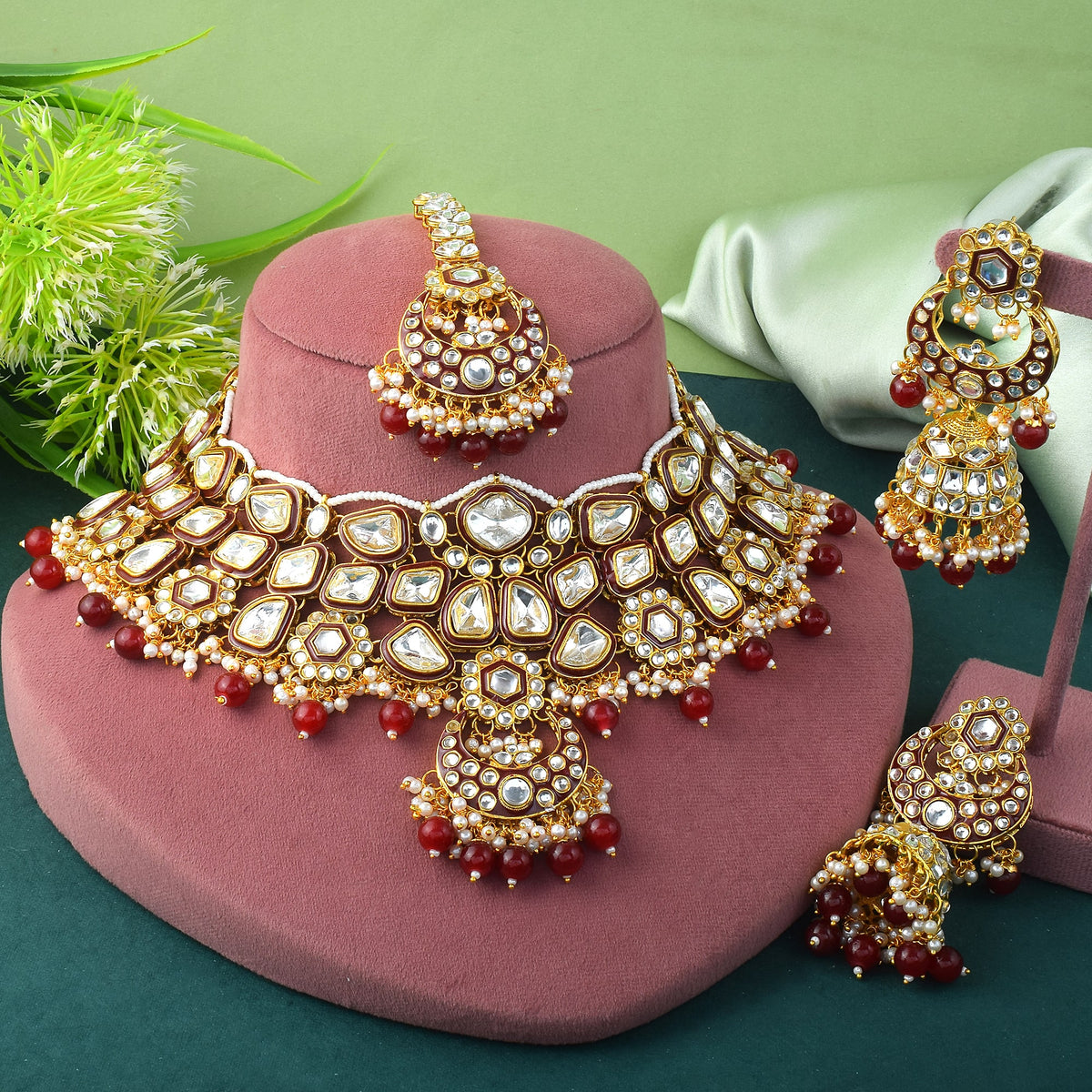 Designer Maroon Kundan Bridal Set