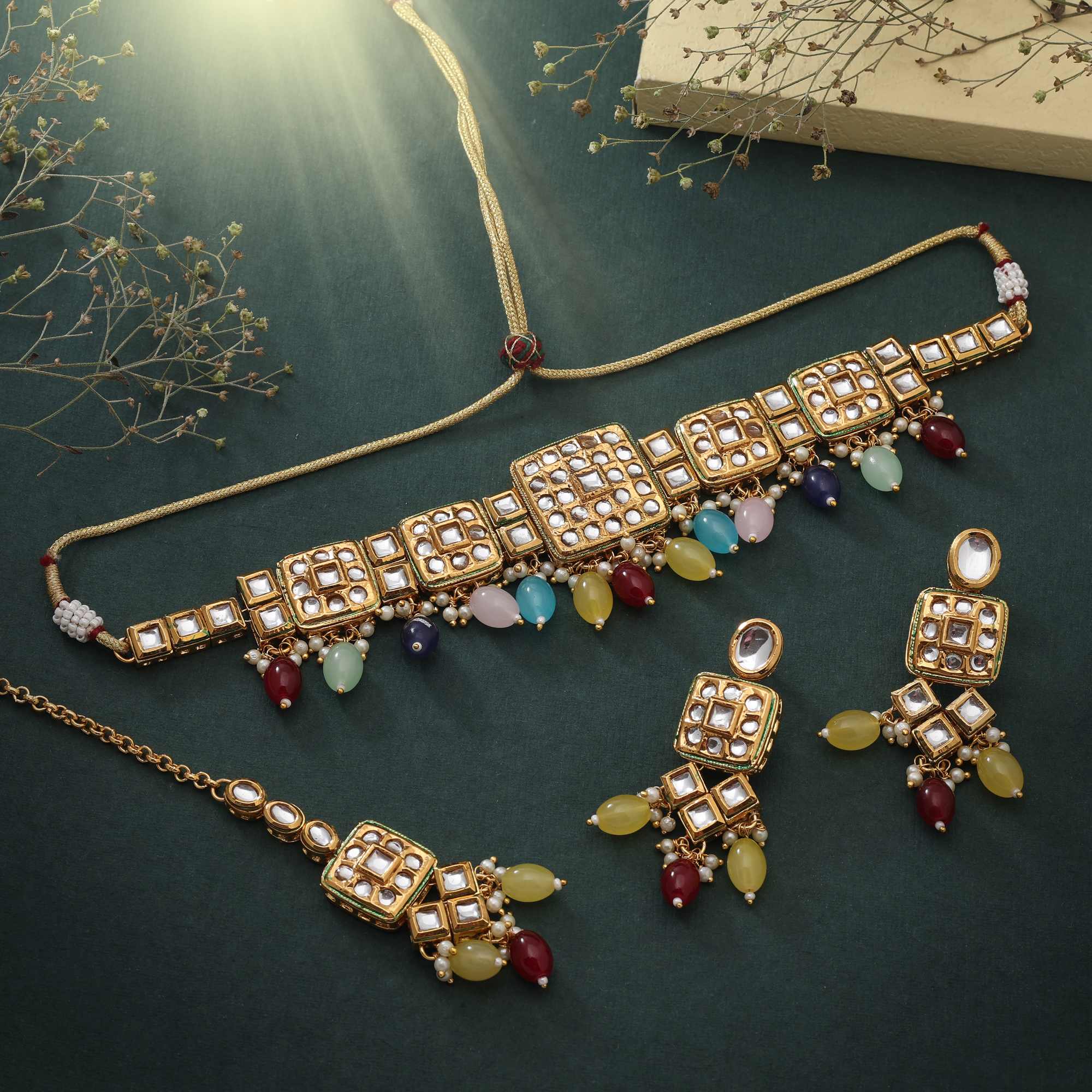 Multi Color Choker Beautiful Festival Wear Back Side Meena Work Kundan Necklace Set For Events
