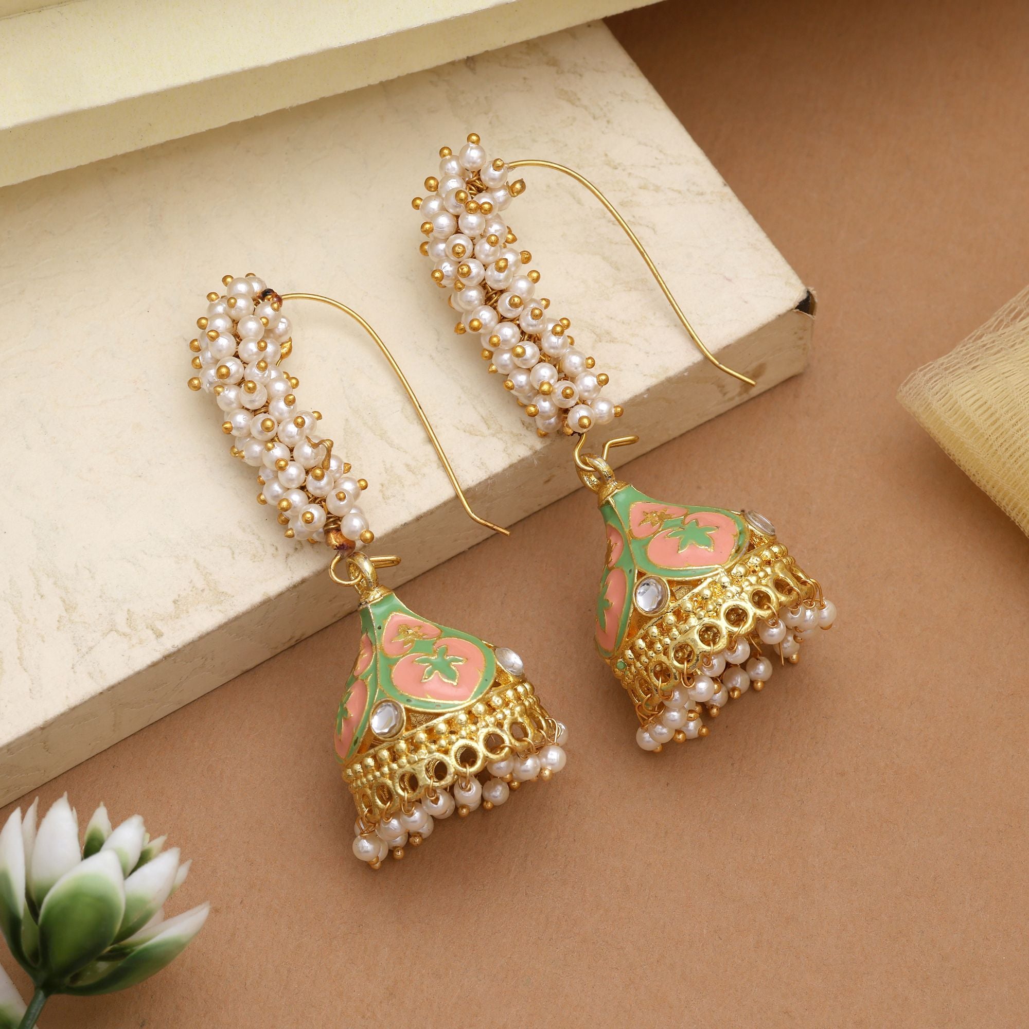 Elegant Peach & Light Green Color Meenakari Earrings With Traditional Design For Brides