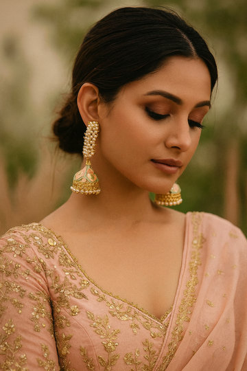 Elegant Peach & Light Green Color Meenakari Earrings With Traditional Design For Brides