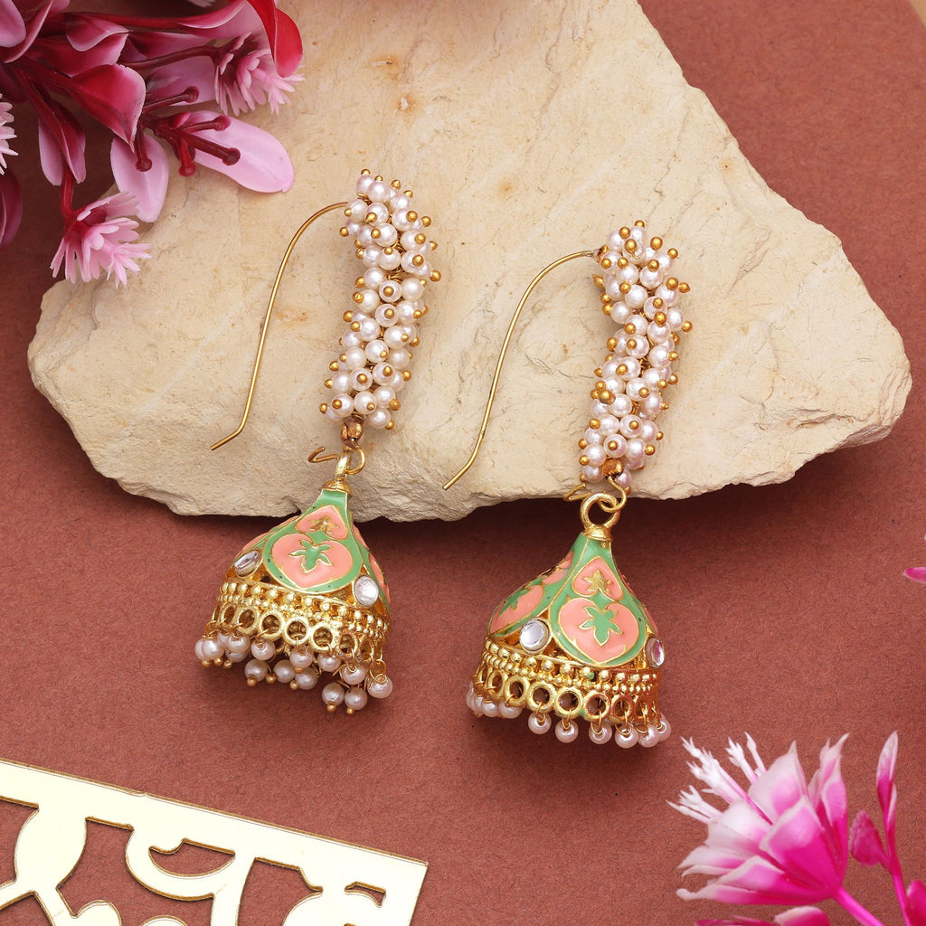 Elegant Peach Pearl Tassel Jhumka Earrings