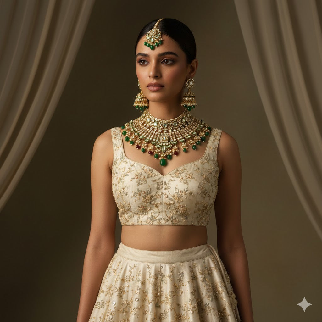 Emerald Green Kundan Bridal Choker Set with Earrings & Maang Tikka
