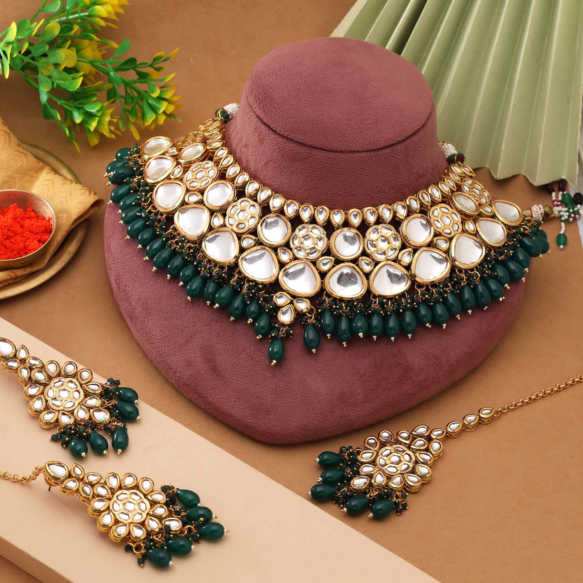 Green Color Traditional Craft Inspired Back Side Meena Work Kundan Necklace Set For Weddings