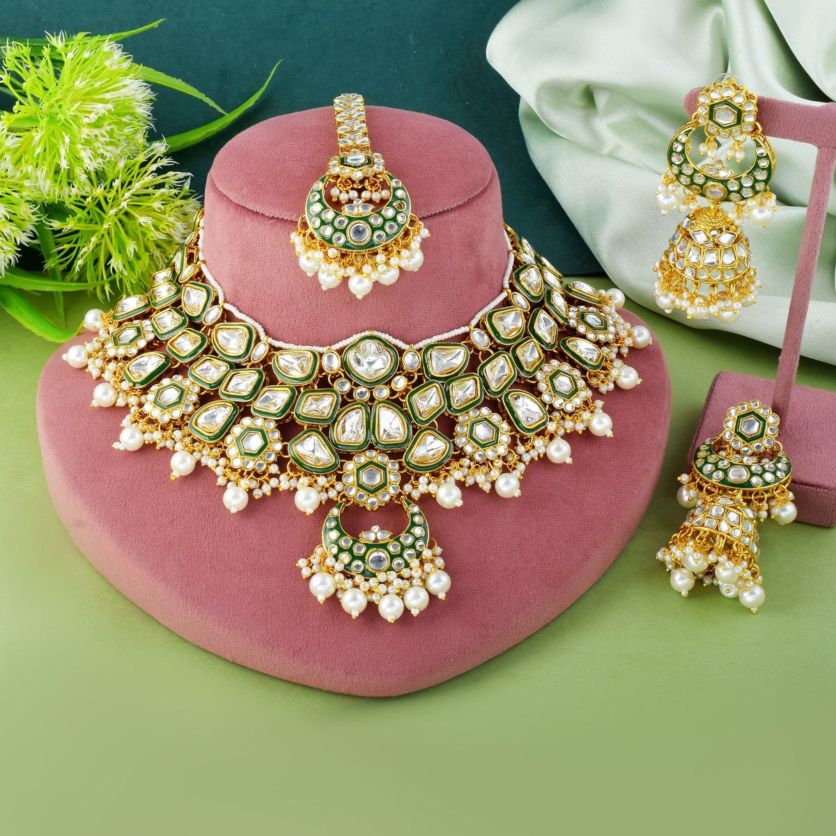 Emerald Noor – Green & White Kundan Bridal Set