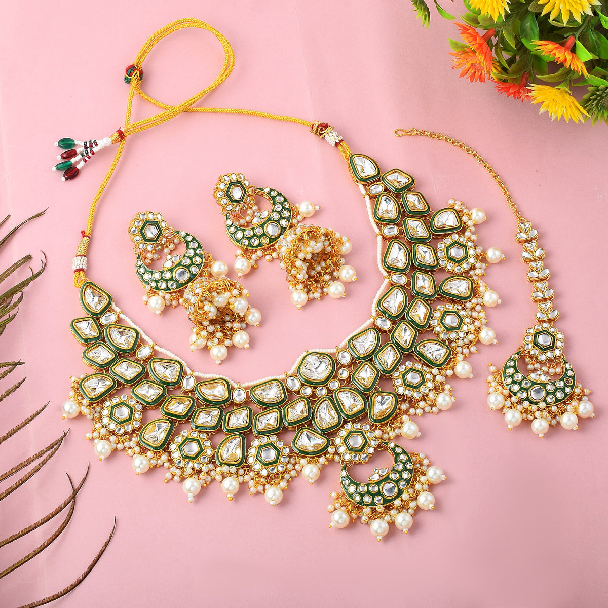 Emerald Noor – Green & White Kundan Bridal Set