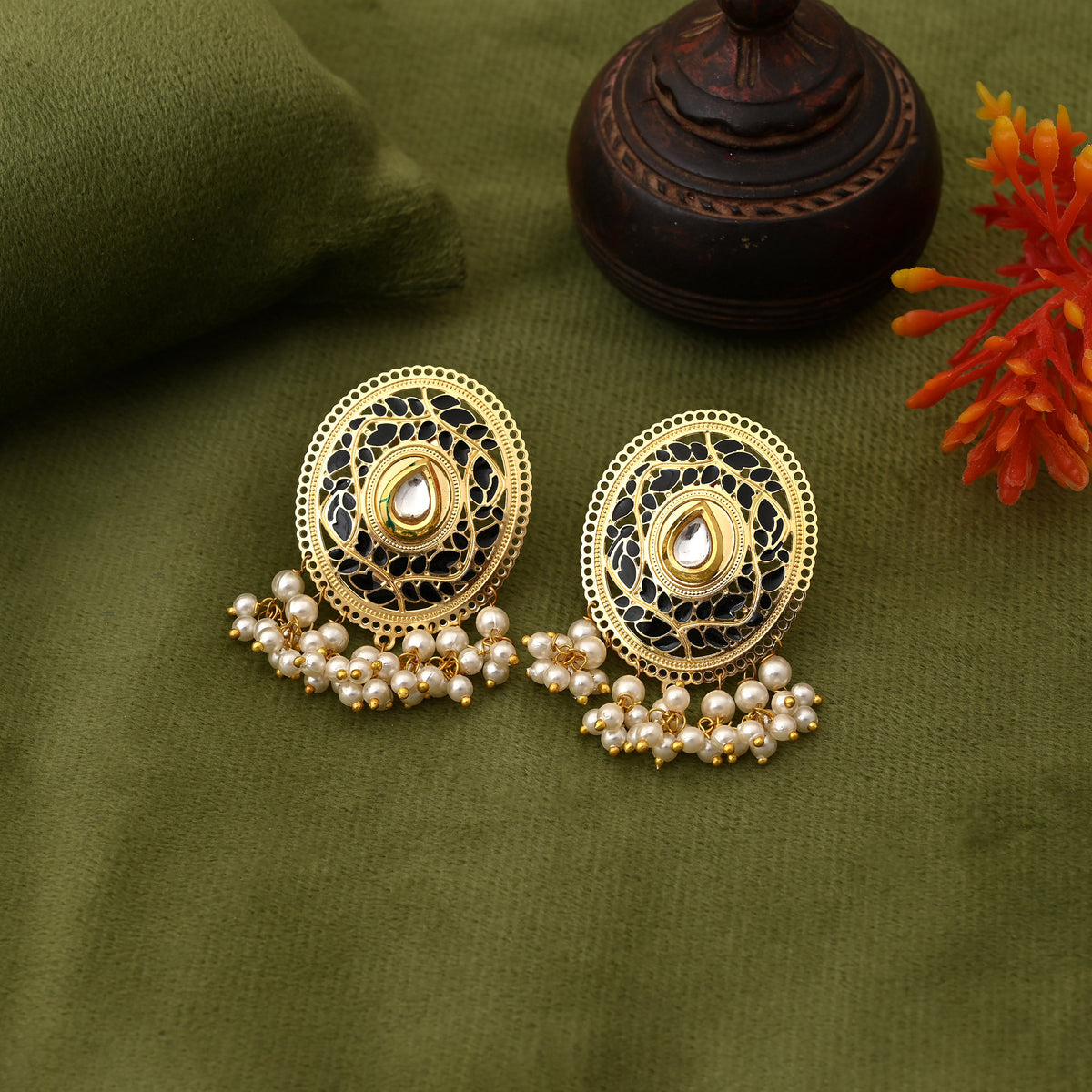 Ethnic Black Kundan Pearl Drop Earrings