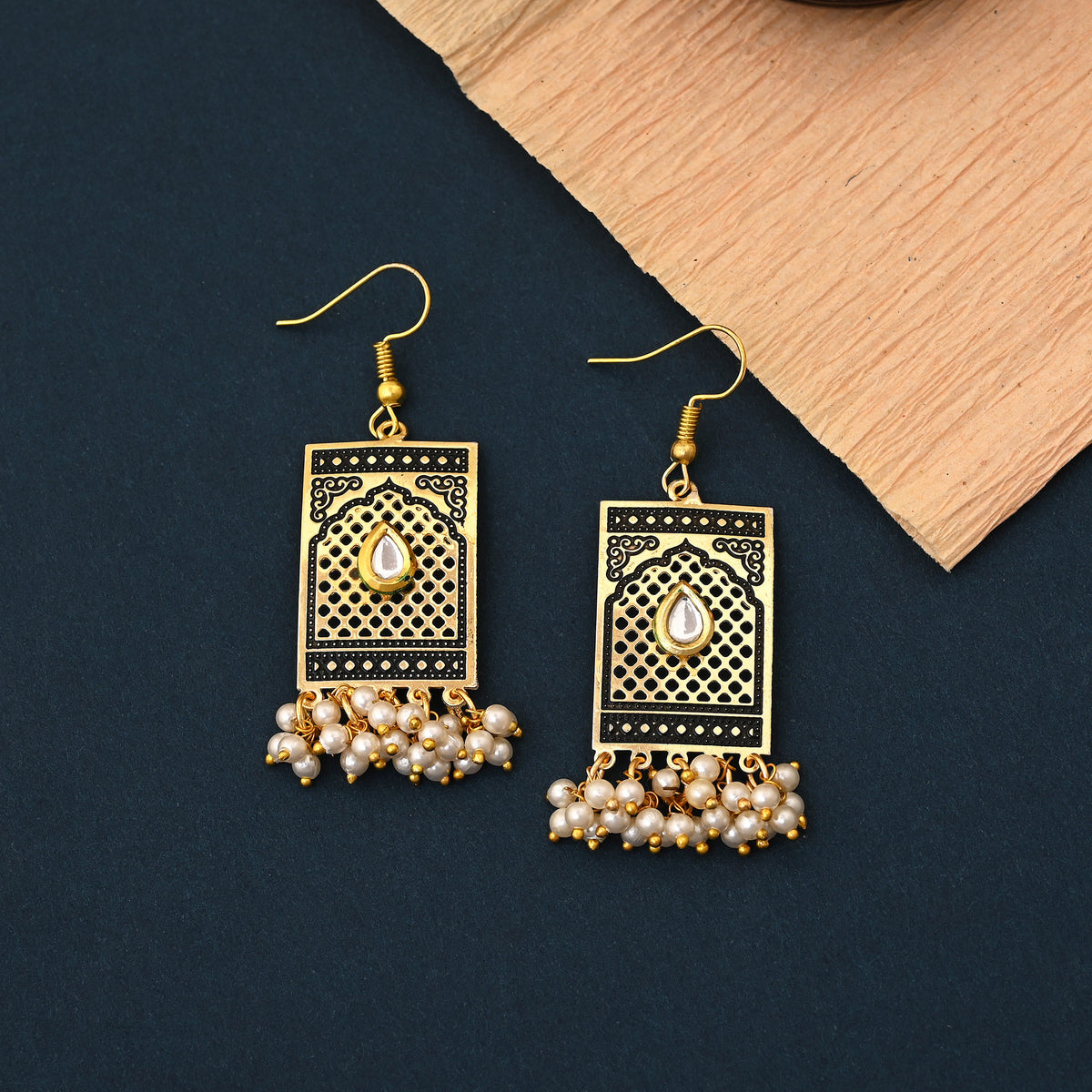 Ethnic Gold Jali Earrings with Pearl Clusters