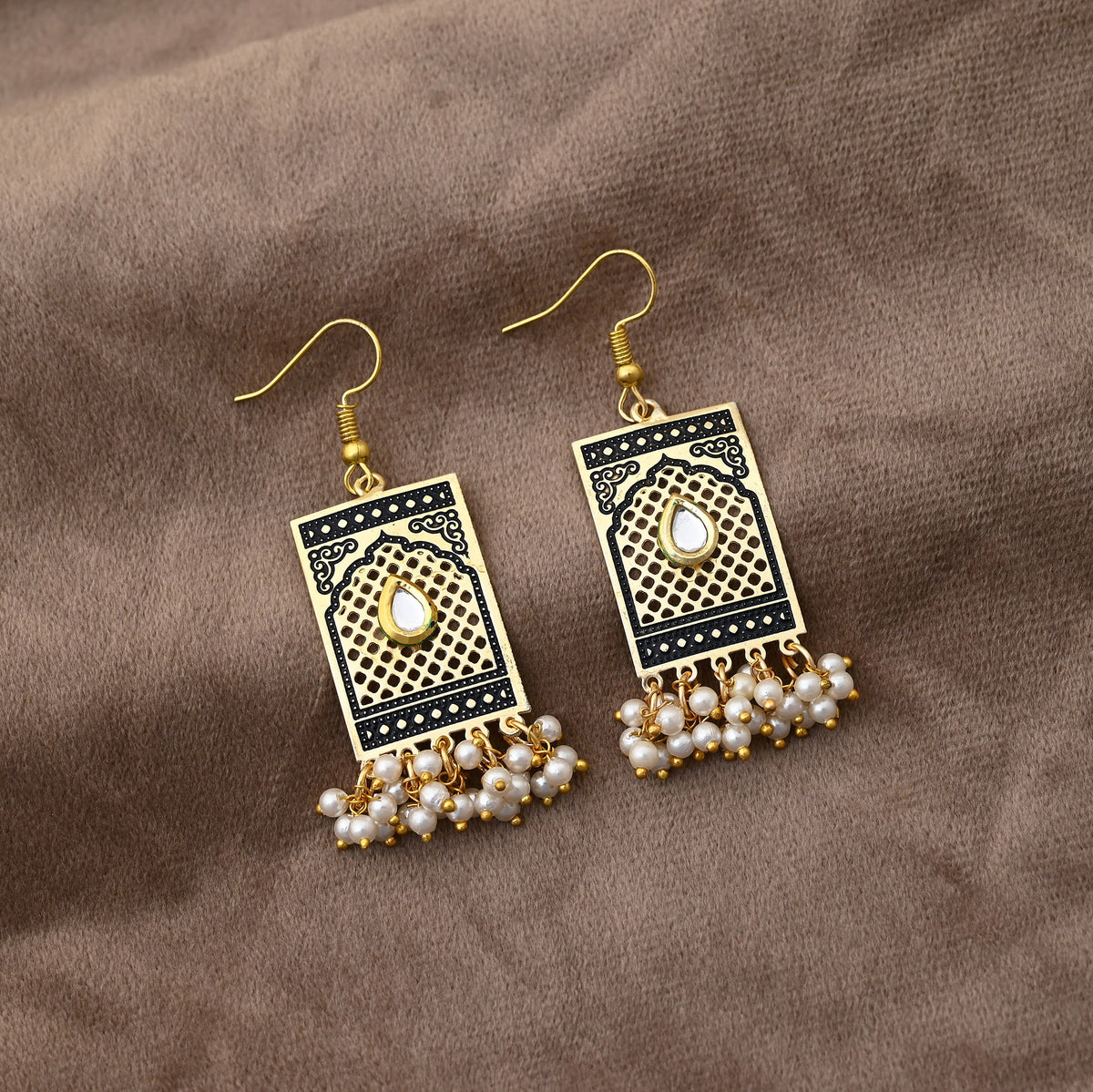 Ethnic Gold Jali Earrings with Pearl Clusters