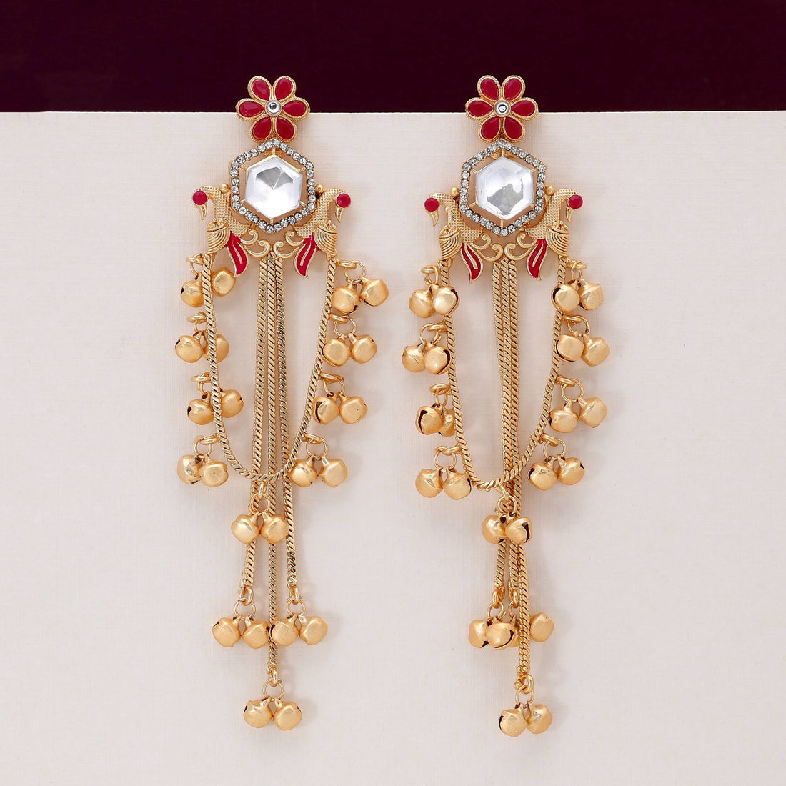 Rani Color Premium Bridal Style Long Kashmiri Earrings For Wedding Occasions
